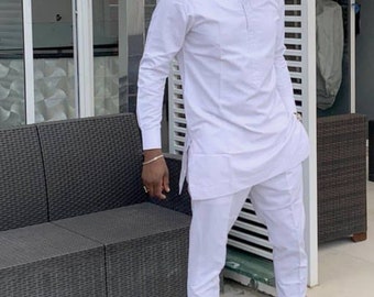 White suit, White African attire, white African wedding suit, Bespoke wedding suit, All white men&#39;s suit, Groom&#39;s suit, Groomsmen suit, Prom