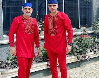 African wedding suit USA, Groomsmen suit USA, Groom's suit USA, African men's wear, Red Kaftan, Red Suit, Senator wear, Dashiki top and pant