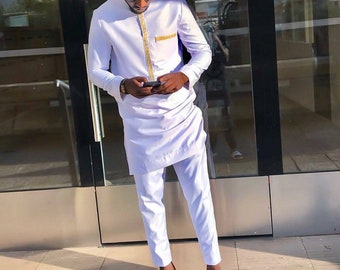 White suit, Groomsmen suit, Groom suit, African wedding suit, African men's clothing, Dashiki shirt, African men's wear, men's suit, Senator