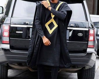 AGBADA、男性用AGBADA、アフリカAGBADA、アフリカのウェディングスーツ、男性の伝統衣装、花婿の付添人スーツ、花婿のスーツ、紳士服、黒