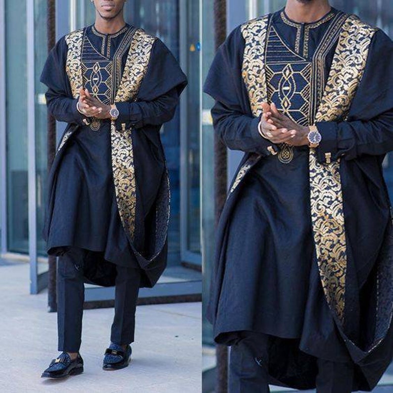 Navy Blue AGBADA, AGBADA for men, African AGBADA, African wedding suit, Groomsmen suit, Groom's suit, African 3 pieces suit, men's clothing image 1