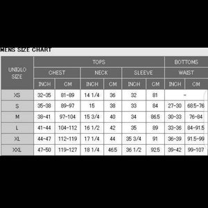 Puede incluir: Una tabla de tallas para hombres para tops y pantalones. La tabla muestra las tallas, el pecho, el cuello, la manga y la cintura en pulgadas y cent&iacute;metros.