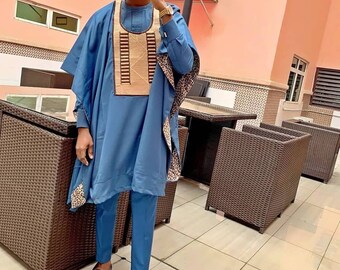 Blue AGBADA, AGBADA for men, African AGBADA, 3 piece men's suit, African wedding suit, African attire for men, Groomsmen suit, Groom's suit