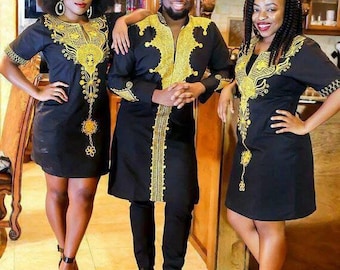 Dashiki dress, Midi dress, Gold Embroidered Dashiki, African women wear, African women fashion, African women's suit, African women attire