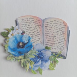 5 x Buch und Blumen Stanzteile, blaue Papierblumen auf offenem Buch für Scrapbooking, Junk Journal und Kartenherstellungsbedarf