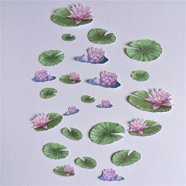 24 lily pad leaf and flower die cuts in a range of sizes, pond foliage for card making, scrapbooking, journaling and paper craft