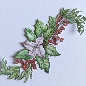 6 x poinsétia branca longa cortada, recortes de Natal, folhagem verde com frutas vermelhas e flores para fazer cartões, scrapbooking, diário