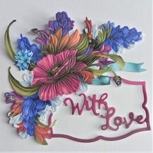Rosa gestanzte Mohnblumen Plakette und Sentiment x 4, ""With love"" Blumenkarten-Topper, Kartenzubehör, Scrapbooking, Junk-Journals ."