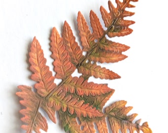 Pode incluir: Uma folha de samambaia estilizada e detalhada em tons de laranja, castanho e verde sobre um fundo branco. As intrincadas veias e bordas da folha são claramente definidas, mostrando um tema botânico natural. A paleta de cores evoca uma sensação outonal.