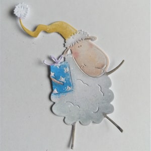 Christmas die cuts x 4, yellow gold Christmas hat on sheep with present die cuts, festive card toppers, scrapbooking and card making tool
