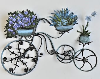 4x bicicletas grandes con troqueles de flores azules, bicicletas negras adornadas con cestas de flores recortadas, suministros para hacer tarjetas, álbumes de recortes y decoración del hogar