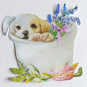 4 x schattige puppy in een bloemenemmer stansen, hondenuitsparingen, kaarttoppers met pastelkleurige bloemen en dieren, scrapbooking en journaling