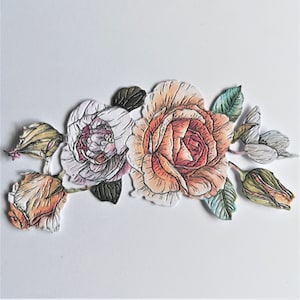 Orange rose sprig die cuts x 3, die cut roses, vintage flower die cuts