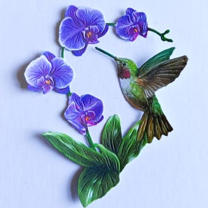 6 x cortes em arco de flores de beija-flor e orquídea roxa, recortes de pássaros e flores para scrapbooking, decoração de casa, criação de cartões e diário