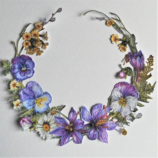 2 large pansy flower wreaths with birds die cuts, mixed flower wreaths for scrapbooking, card making and journalling