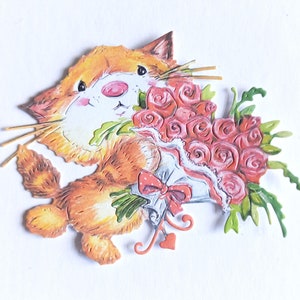 4 chatons mignons avec bouquet de fleurs découpés, décorations de cartes d'amoureux des chats pour anniversaire, cartes de Saint-Valentin, scrapbooking, tenue d'un journal