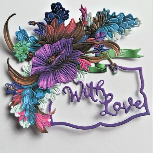 Die cut flower plaque and sentiment x 4, "With love" flower card toppers, card making supplies