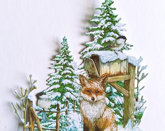 May include: A red fox sits in a snowy winter scene with a mailbox, a bird perched on top, and a small wooden fence. The trees are covered in snow and the scene is painted in a whimsical style.