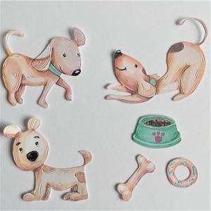 12 dog and 12 accessories die cuts, cute dog card toppers, dog die cuts for scrapbooking, card making children's cards, paper animals