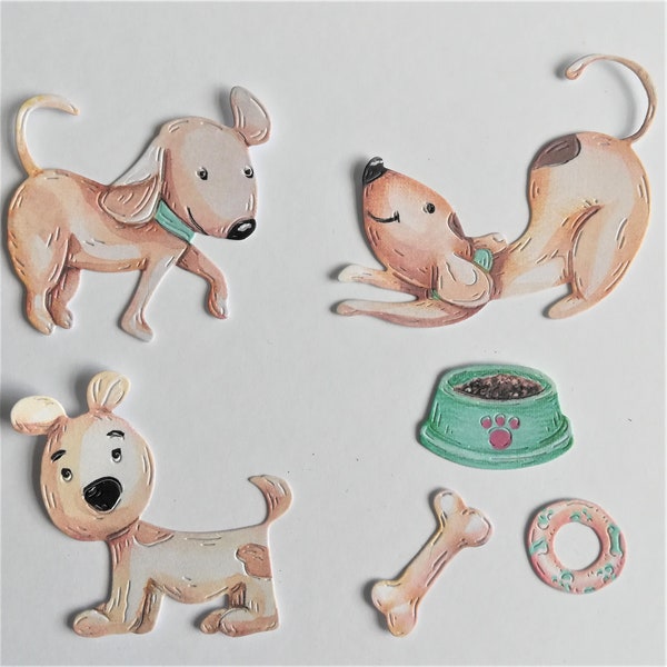 12 dog and 12 accessories die cuts, cute dog card toppers, dog die cuts for scrapbooking, card making children's cards, paper animals