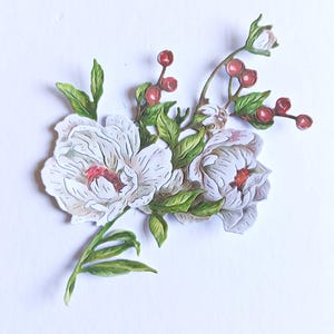 6 x fleurs blanches et baies découpées, décorations de cartes de Noël, fleurs festives et baies découpées pour journal, scrapbooking et fabrication de cartes
