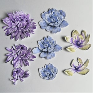 Gemengde bloemenset gestanste, 8 gestanste paarse en blauwe decopagebloemen