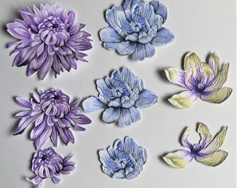 Juego de troqueles de flores variadas, 8 troqueles de flores de decoupage de color morado y azul