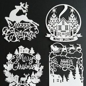 Wykrojniki świąteczne x 4, duże ozdoby na kartki świąteczne, świąteczne wykrojniki, wykrojniki ze scenami świątecznymi, scrapbooking i tworzenie kartek