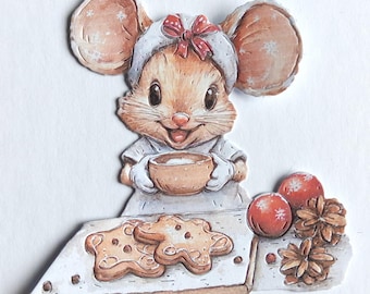 6 x Christmas baking mouse die cuts, cute winter festive character cut outs, card toppers for scrapbooking, journaling and card making