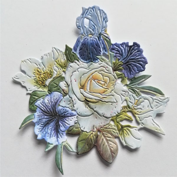 Die cut blue and cream flower bunch x 6, mixed flower cut outs,card topper, card making supplies