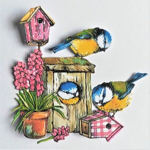 Troqueles de casa de pájaro rojo x 5, troqueles de pájaros, casas y plantas rojas, recortes de pájaros de herrerillo azul, adornos de tarjetas, álbumes de recortes y fabricación de tarjetas