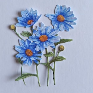 6 bouquets de marguerites bleues découpés, bouquets de fleurs en papier découpé pour le scrapbooking, décoration intérieure, fabrication de cartes et hauts de forme pour cartes de journalisation, éphémères
