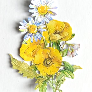 4 x cortes de flores de papoula amarela e margarida, recortes de flores mistas para scrapbooking, decoração de casa, coisas efêmeras, criação de cartões e registro no diário