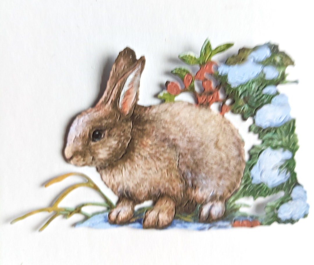 4 X Cute Winter Rabbit Die Cuts, Seasonal Scene With Snow and Berries ...