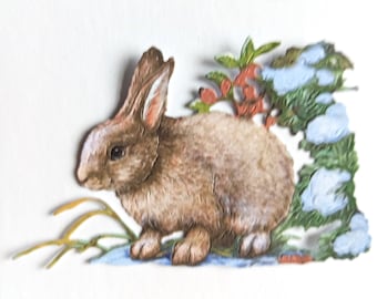 4 x cute winter rabbit die cuts,  seasonal scene with snow and berries make great Christmas card toppers,  scrapbooking and journaling