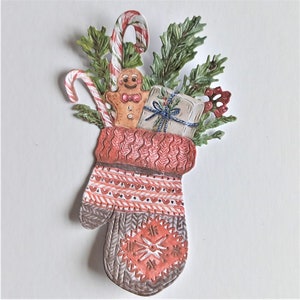 4 feestelijke wanten die cuts, kerstkaart toppers, handschoen gevuld met cadeautjes en gingerbread man die cuts, scrapbooking en kaarten maken