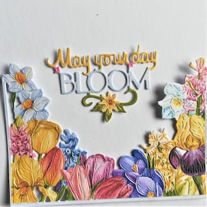 Gestanzte gemischte Frühlingsblumenrahmen und Stimmung x 4, gelbe Farbe gemischte Blumenausschnitte, Tulpenpapierblumen, Kartenherstellungszubehör