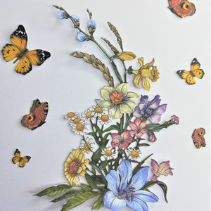 2 grands bouquets de fleurs avec des papillons découpés, 12 petits papillons, des bouquets de fleurs mélangées pour le scrapbooking, la fabrication de cartes et la journalisation
