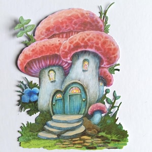4 gemischte Größen, Pilzhaus, Feenpilzhaus, für Heimdekor, Scrapbooking, Junk Journal Kartenherstellung, Kinderkarte