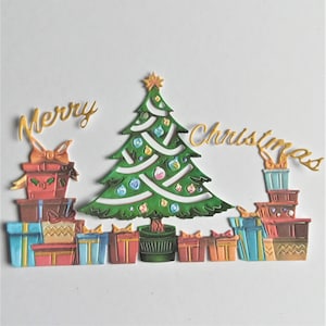 Kerststansen x 3, gestanste kerstboom, cadeautjes, vrolijk kerstfeest voor kaarten maken, scrapbooking en journaling, feestdagen