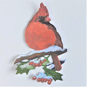 5 fustelle di uccelli cardinali rossi su ramo di agrifoglio innevato, toppers per cartoline di Natale, fustelle di uccelli festivi per scrapbooking e creazione di biglietti