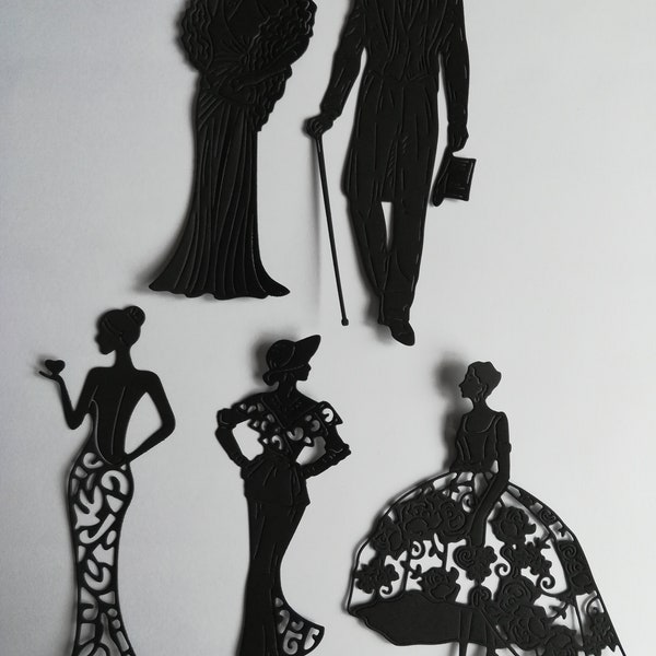 Black die cut dressed up ladies and man, 5 die cuts of vintage / wedding figures on black card stock, card making supplies, silhouette