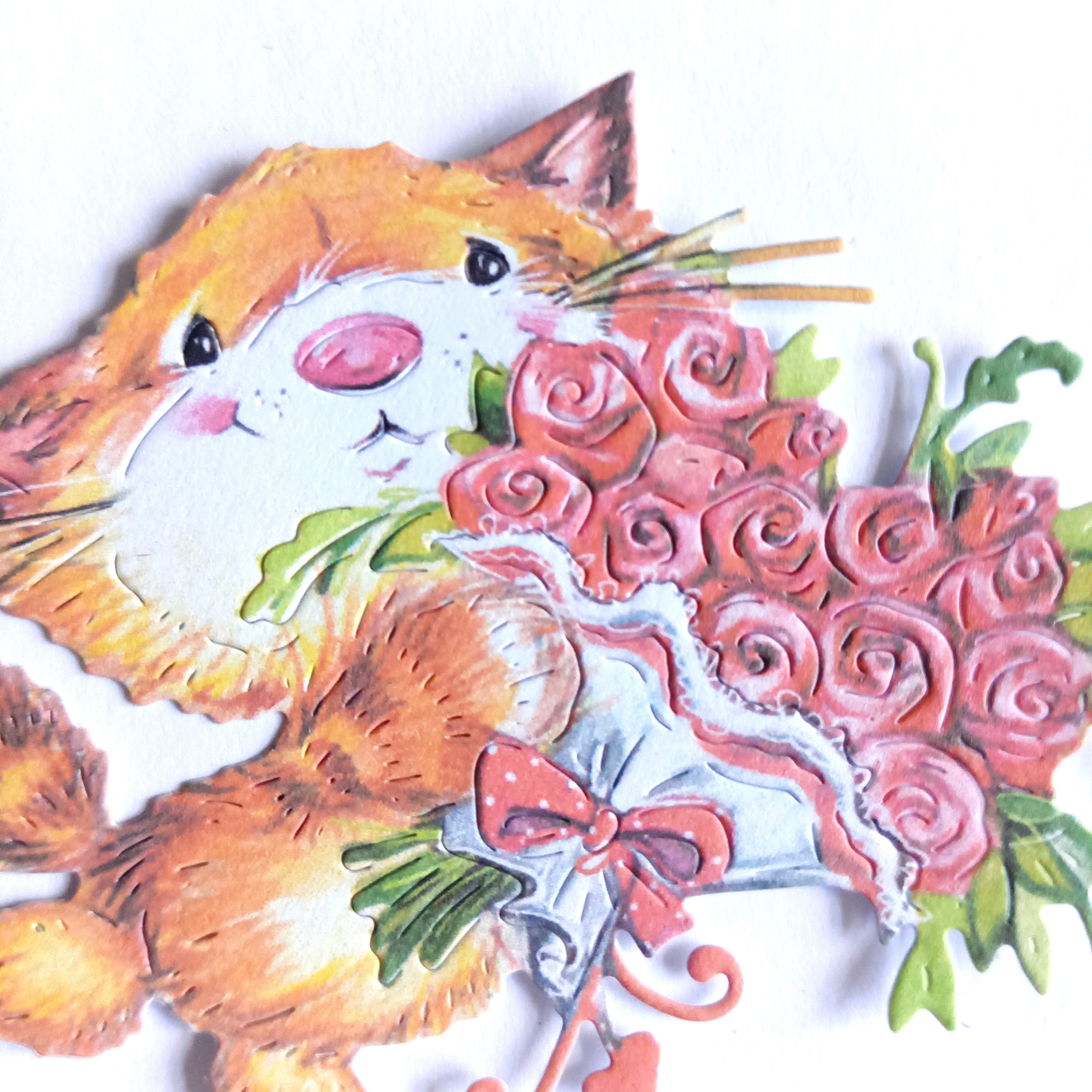 4 Cute Kitty With Flower Bouquet Die Cuts, Cat Lover Card Toppers for ...