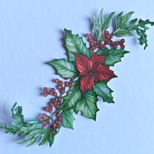 6 x rode kerstster gestanst met lange takken, kerststukjes, groen blad met bessen en bloemen voor kaarten maken, scrapbooking, journaling
