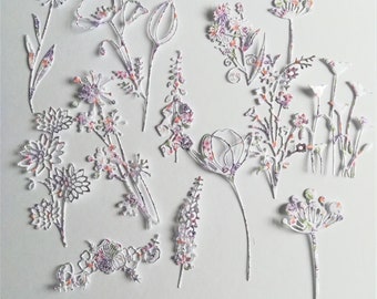 14 mixed flower die cuts, pink/ lilac delicate flower die cut shapes, card making supplies, paper embellishments