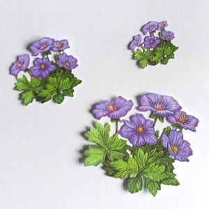 Cortes de flores de gerânio roxo x 12, buquês de flores grandes, médios e pequenos para scrapbooking, cartões e diário, toppers