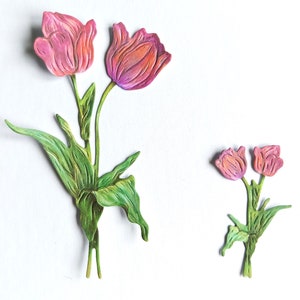 8 x double stem tulip flower die cuts, 4 sets of 2 pink / red flower cut outs paper flowers, card topper, scrapbooking, card making supplies