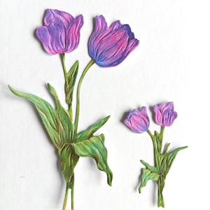 8 x double stem tulip flower die cuts, 4 sets of 2 pink/ purple flower cut outs paper flowers, card toppers, scrapbooking and card making