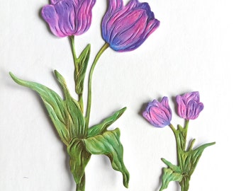 May include: Hand-painted paper tulips in shades of purple, pink, and blue, with green leaves and stems. The image features two larger tulips and a smaller arrangement of two tulips, all on a white background. The flowers are detailed and textured.