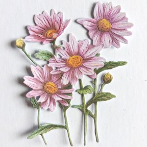 6 buquês de margaridas rosas cortados em matriz, buquês de flores recortados em papel para scrapbooking, decoração de casa, criação de cartões e toppers de cartões para diário, itens efêmeros